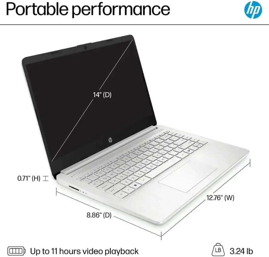 Image of HP 14 inch Student-Laptop with Copilot AI office365, Quad Core Intel Processor (Up to 3.6GHz) 8GB RAM 384GB Storage(128GB UFS + 256GB SD Card) Win11