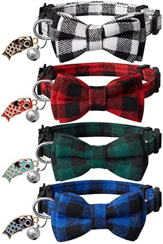 LLHK 4 Pack Small Fish Cat Collars with Bow Tie and Bell,Personalized Breakaway Kitten Collar for Girl boy Cats,Adjustable 7-12inch,Cute for Kitty Kitten Adult Cats,Pet Supplies,Stuff,Accessories