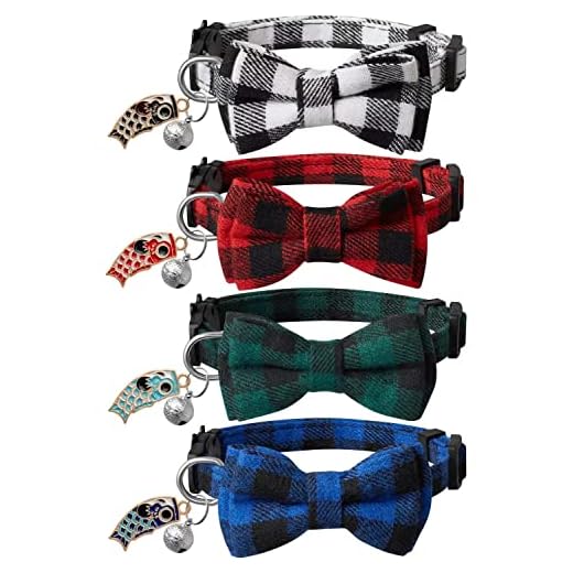 LLHK 4 Pack Small Fish Cat Collars with Bow Tie and Bell,Personalized Breakaway Kitten Collar for Girl boy Cats,Adjustable 7-12inch,Cute for Kitty Kitten Adult Cats,Pet Supplies,Stuff,Accessories