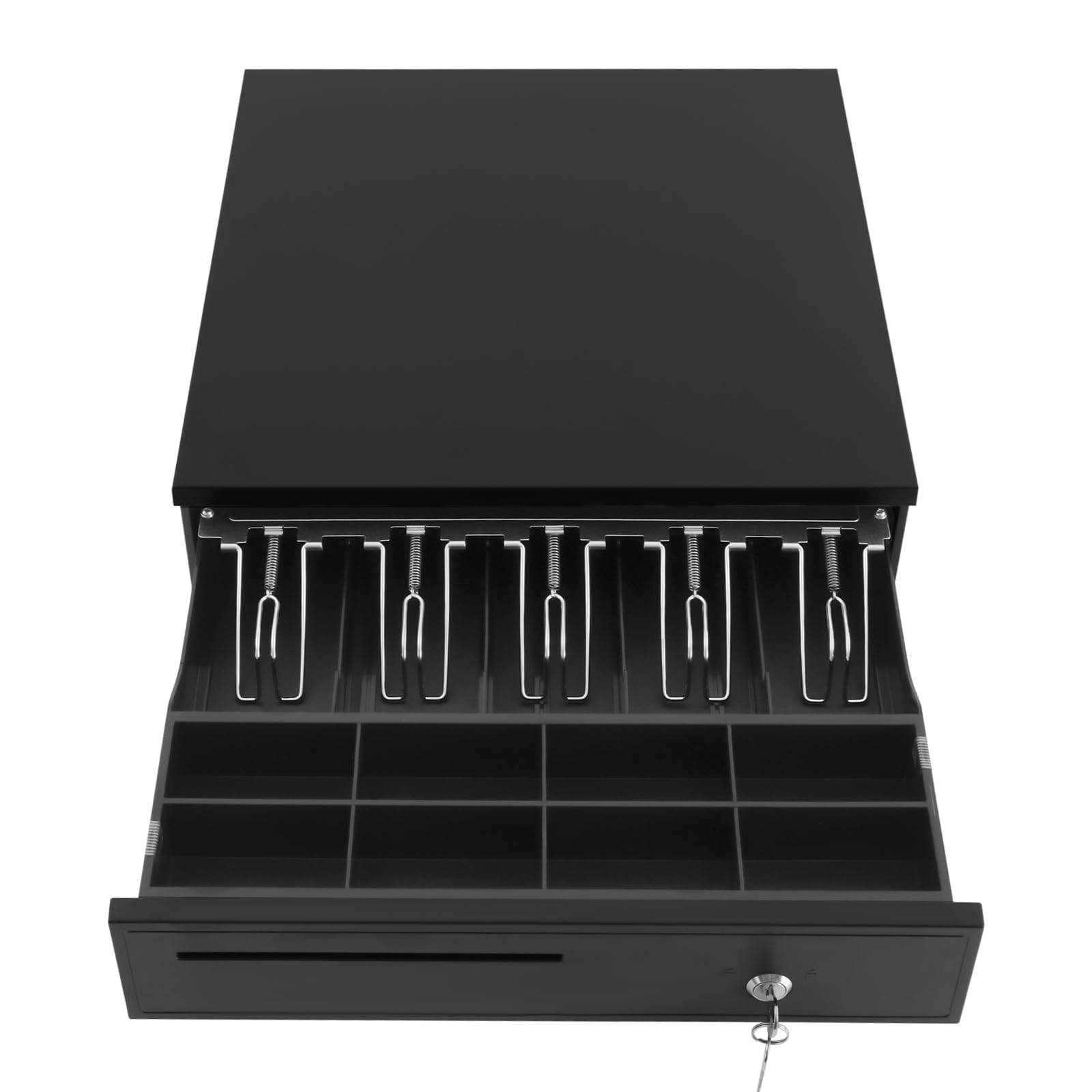 Cassetto per cassa leggero con 5 scomparti per banconote e 8 scomparti estraibili per monete e chiave, apertura nero, con cavo Rj11 per negozi