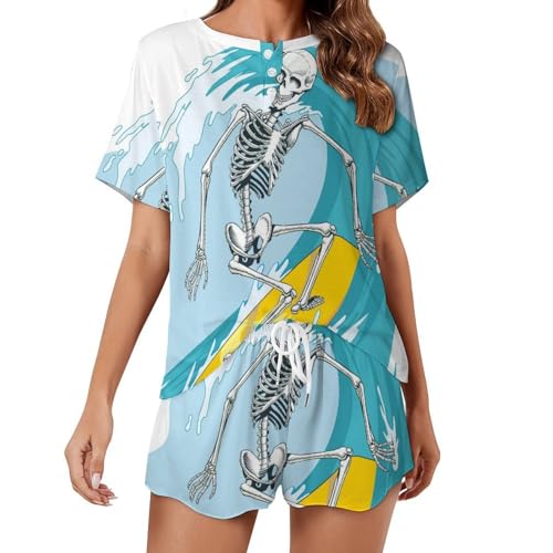 Pyjama femme été short et t-shirt manches courtes imprimé crâne surf