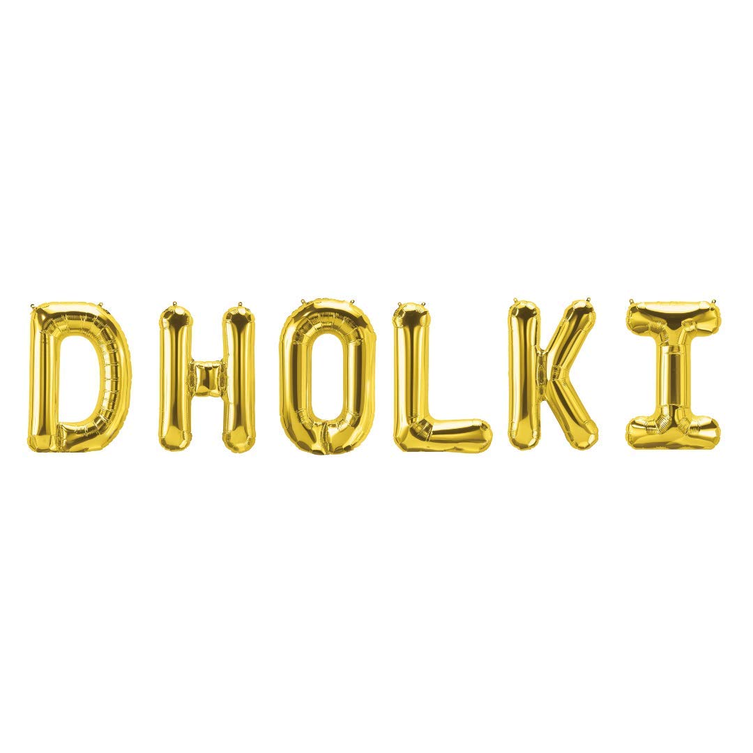 Peacock Supplies Dholki Foil Balloons - Gold | Letters Sized at 16" | Party Decorations | Celebration or Event Backdrop | Glamorous, Elegant & Shiny | 6 Bright & Colourful Metallic Foil Letters