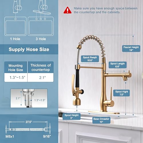 Image of GIMILI Gold Kitchen Faucet with LED Single Handle Kitchen Sink Faucet with Pull Down Sprayer Commercial Double-Headed Stainless Steel Kitchen Faucets Sink with Deck Plate