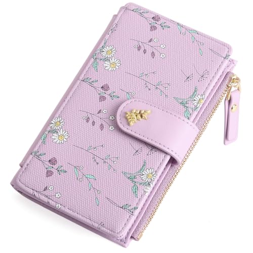 GAEKEAO Wallets for Women RFID Blocking Medium Bifold Ladies Wallet Vegan Leather Floral Card Holder with Zipper Coin Pocket