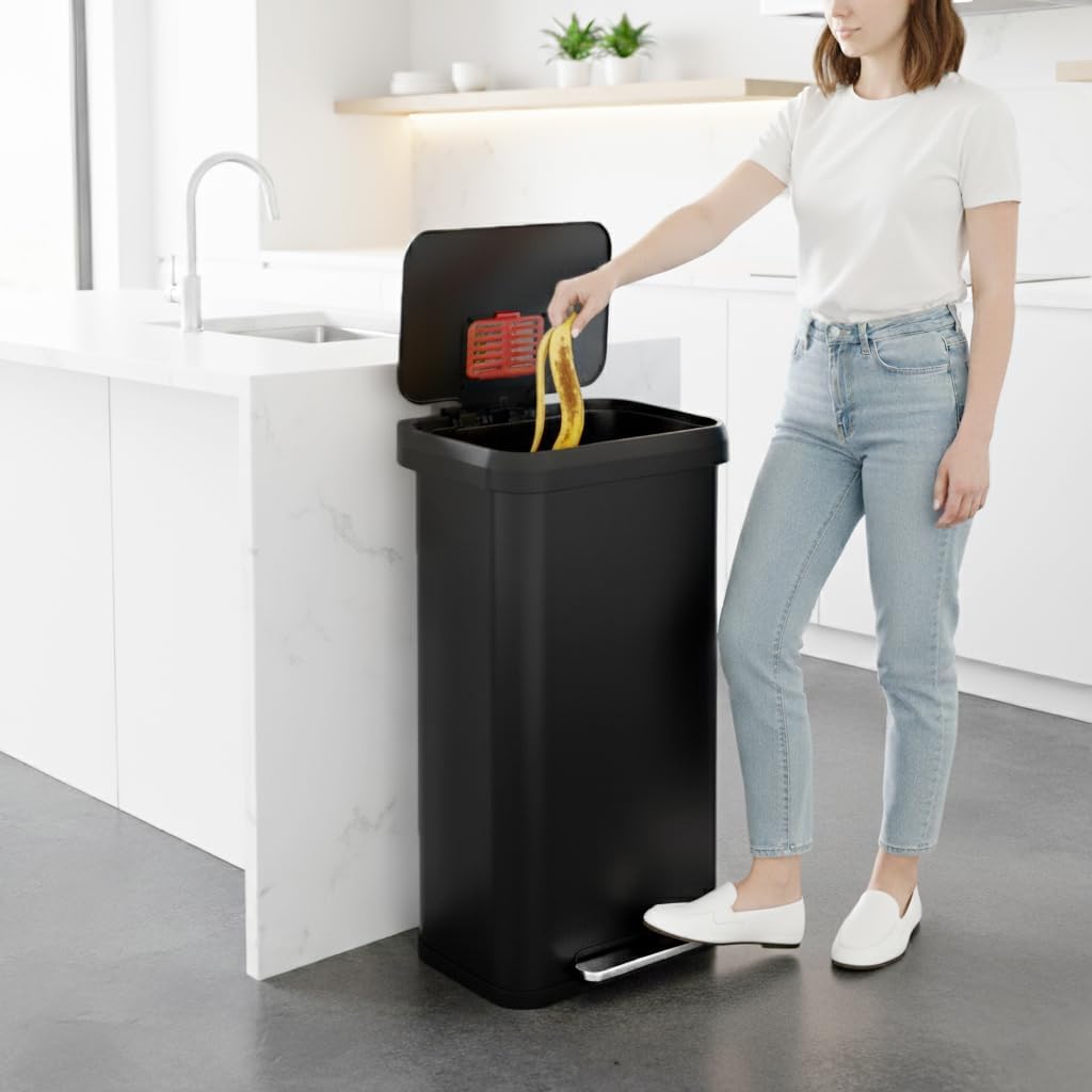 iTouchless SoftStep 20 Gallon / 75 Liter Extra-Large Outdoor & Indoor Recycling Bin, Matte Black Stainless Steel, Heavy-Duty Step Trash Can with Odor Filter, Dent-Proof Lid for Garage, Patio, & Office