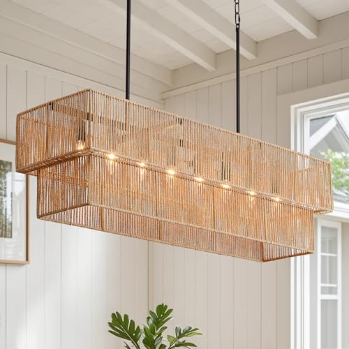 InterMaka 40" Rattan Chandelier for Dining Room, 8-Light Boho Rectangular