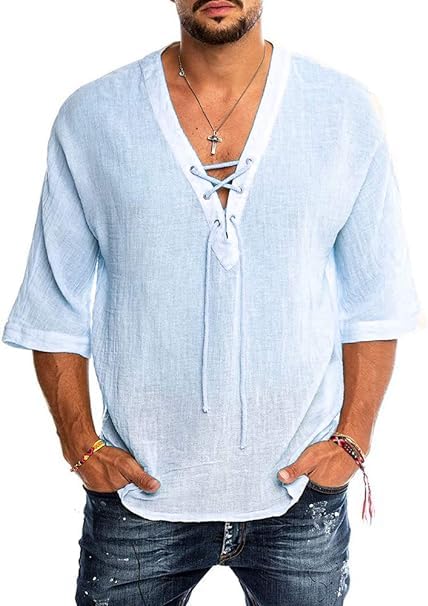 Runcati Camisa de lino para hombre, manga corta, de verano, camisa informal con cuello en V, corte holgado, vintage, camiseta medieval, azul, XL