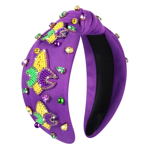 JERTOCLE Mardi Gras Headband for Women Mask Knotted Headband Purple Green Gold Crystal Rhinestone Jeweled Top Knot Head Band Carnival Hair Accessories Fat Tuesday Party Favors (Fleur De Lis3)