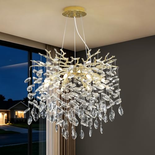 Image of KVTOEP Modern Crystal Tree Branches Chandelier, 18in Gold 6 Lights Large Ceiling Hanging Light for Dining Room, Round Raindrop Pendant Light Fixture