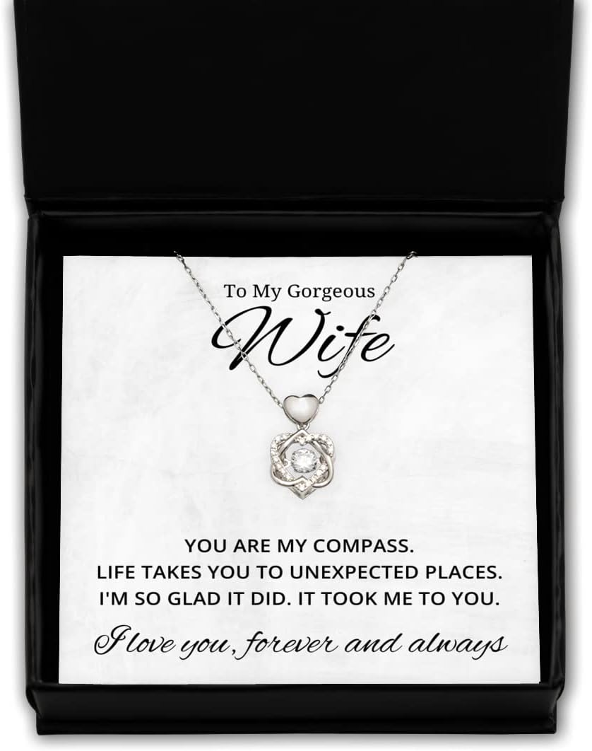 to My Gorgeous Wife Heart Knot Silver Necklace, You are My Compass, Best Birthday Gifts, Engagement Gifts, Wedding Gifts, Valentines Day Gifts for Wife
