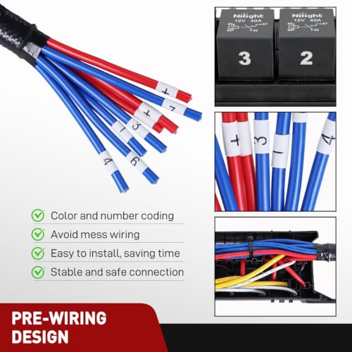 Image of Nilight 12V Fuse Relay Box 6 Relays 4pin 40A 11 Fuses Pre-Wired Block Kit | 11-Way ATC /ATO Blade Fuses Holder 12AWG Pre-Wired Relay Box Universal for Automotive Car Truck Camper Boat