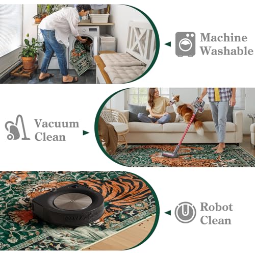 Moynesa Tiger 9x12 Washable Area Rug, Boho Green Rugs for Living Room, Non Slip Vintage Dining Room Rug, Botanical Ultra Thin Soft Stain Resistant Floor Carpet for Bedroom Home Office