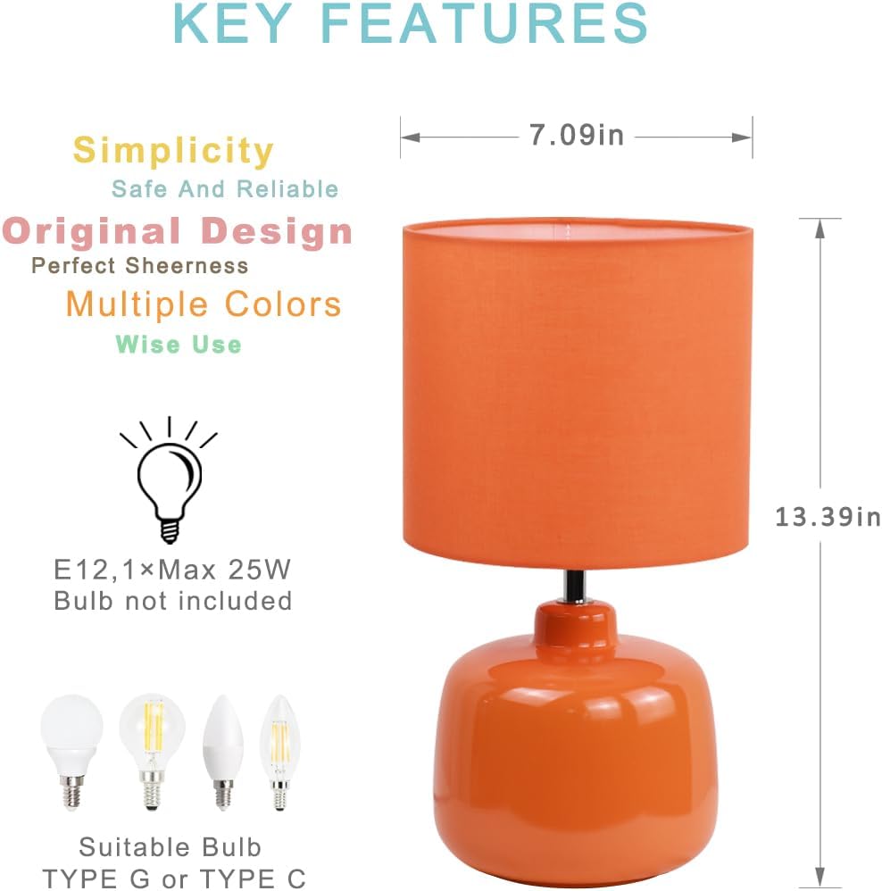 LAMPWELL Oslo Small Ceramic Table Lamp for Living Room and Bedroom,Modern Kids Night Table Lamp,Φ7.09×H13.39IN,Bulb Excluded,Orange