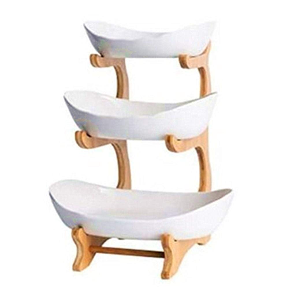 Cxssxling Fruit Stand Oval Bowl Set Ceramic Fruit Plate Natural Bamboo Wood Frame Creative High Capacity Fruit Basket Snack Tray Perfect for Sushi Dessert Fruit Vegetables (2 Tier/3 Tier)