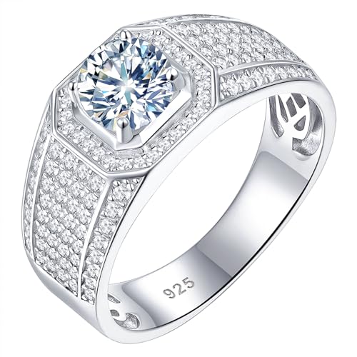 Mens Moissanite Wedding Band Engagement Ring Solitaire Stone 925 Sterling Silver Ring 1.5cttw D Color VVS1 Clarity Brilliant Round Cut Size 7-14