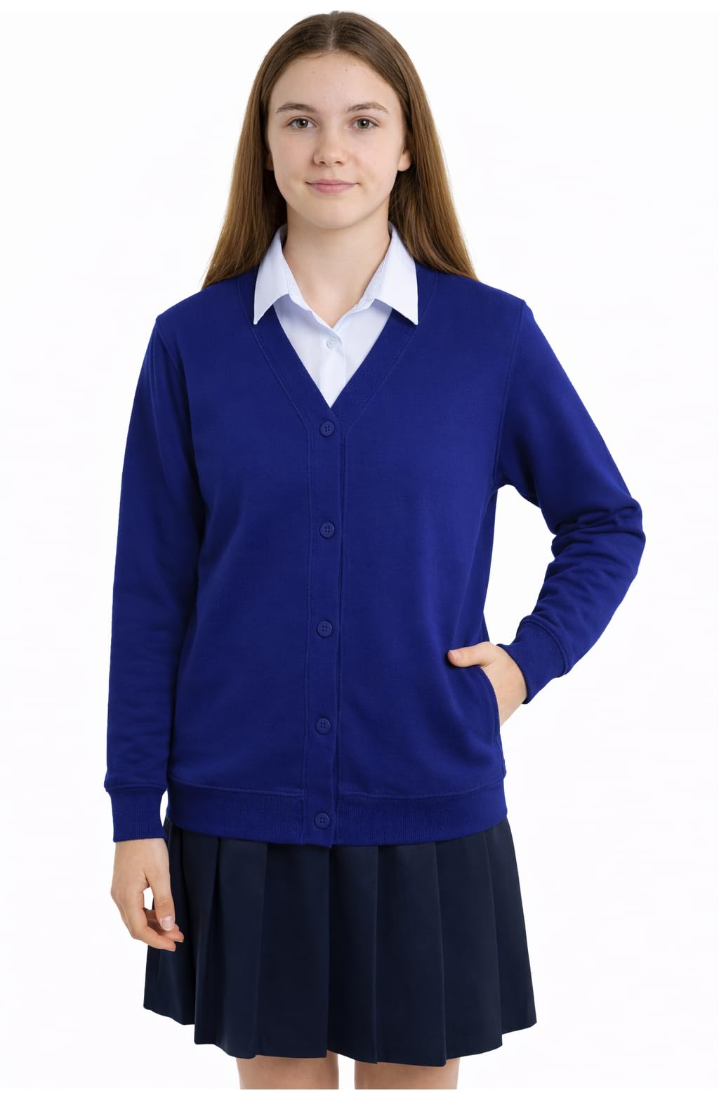 INSAFIANS Girls School Cardigan Stretchable Fleece Sweat Shirt with Front Buttons & Pockets (as8, Age, 7_Years, 8_Years, Regular, Royal Blue)