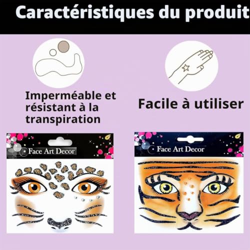 HaploS 4 piezas Tatouages de Visage Léopard, Deer, Giraffe, Tiger Face Art – vue 3