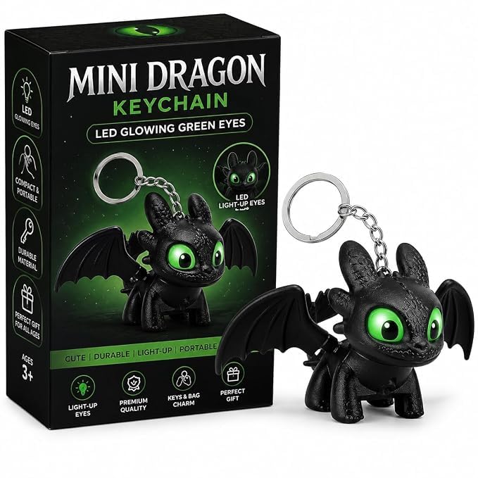 Mini Dragon Keychain with LED Glowing Green Eyes – Cute Black Dragon Keyring, Light-Up Toy Figure, Bag Charm for Backpack & Keys, Unique Gift for Kids & Adults-image-45