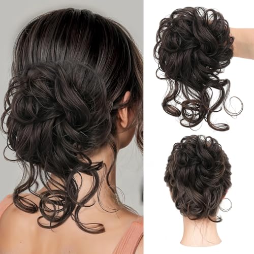 Mtuihfo Messy Bun Hair Piece Curly Wavy Hair Buns Hair Piece - Tousled Updo Fake Hair Bun - Synthetic Messy Bun Scrunchie Hairs Pieces for Women Girls (Brown Black)