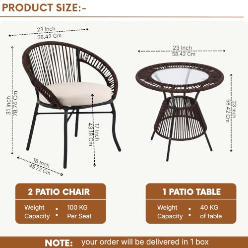 Image of DEVOKO Bliss 3 Piece Outdoor Patio Rope Conversation Set with Glass Top Table (Dark Brown /Cream), Powder-Coated Metal Frame & Water-Resistant Cushions for Balcony, Garden, Terrace