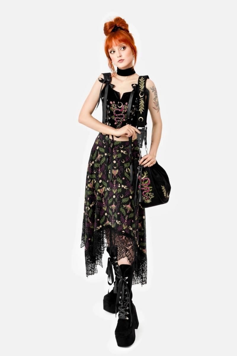 Restyle Gonna Midi Wilderwood con Stampa Botanica Gotica e Pizzo Witchcore