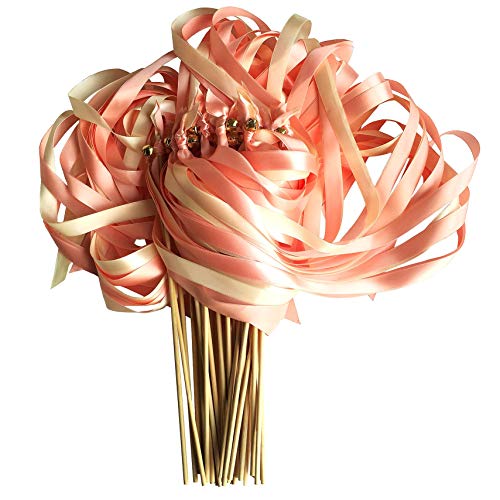 50 Pack Wedding Ribbon Wands with Triple Ribbon and Bell Fairy Stick Wish Wands Streamers Ribbon Sticks Magic Wands for Party, Wedding, Bridal Shower