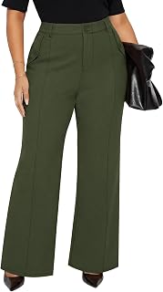 Plus Size Women's Wide Leg High Waist Dressy Work Pants | Soft Stretch Business Casual Slacks, Office Work Trousers, Suitable for All Seasons, Curvy Friendly Flare Pants with Pockets