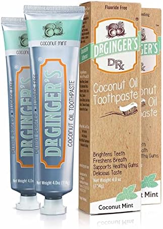 Dr. Ginger's Coconut Oil Toothpaste, All-Natural Oil Pulling & Xylitol for Fresh Breath, Gum Health, Plaque Prevention, and Sensitive Teeth, Fluoride-Free, Coconut Mint Flavor, 4oz, 2ct