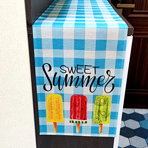 Summer Table Runner 13 X 72 Inch, Linen Blue White Check Plaid Table Runner 13X72 For Home Dining Room Shoe Cabinet Decor, Rustic Farmhouse Burlap Table Runner For House Kitchen Seasonal Decorations #TOP6