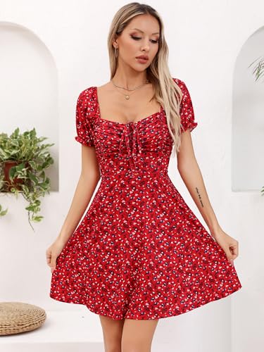 Missufe Robe d'été pour femme A-ligne fleurie à manches bouffantes avec cordon de serrage - Robes courtes froncées, rouge, XS – vue 2
