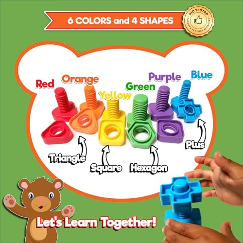 Jumbo Nuts and Bolts For Toddlers - Fine Motor Skills Rainbow Matching Game Montessori Toys For Toddlers & Toddler Games | 12 pc Occupational Therapy Educational Toys with Toy Storage + eBook - Image 5