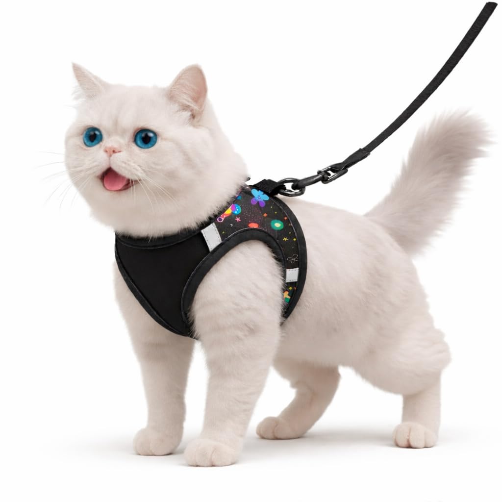 Berlin's Cat Harness with Leash for Outdoor, Walking, Escape Proof, Air Mesh Fabric, Easy Control, Adjustable & Durable Cat Leash with Harness for Cats (Black-Printed Black, Small)-image-5