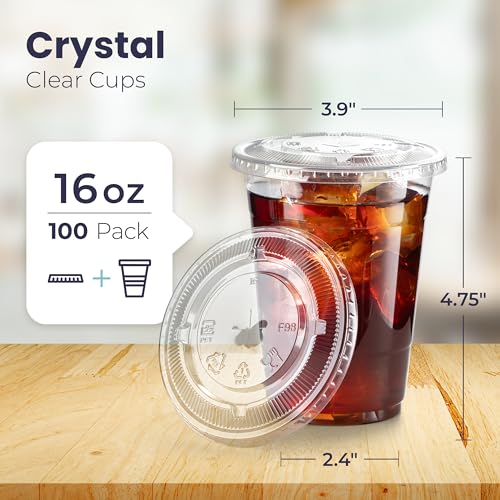 image for Fit Meal Prep 100 Pack 16 oz Clear Plastic Cups with Flat Lids, Dispos