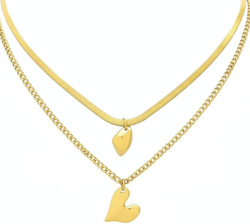 Gold Tone Heart Pendant Necklaces For Women Trendy Chunky Stackable Heart Charm Necklace Cute Multi-Layered Love Heart Choker Paperclip Chain Necklaces for Women Fashion Jewelry Gifts