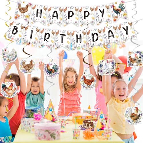 Image of Chicken Birthday Decorations Include Chicken Happy Birthday Banners Hanging Swirls Chick Farm Animal Birthday Theme Party Supplies