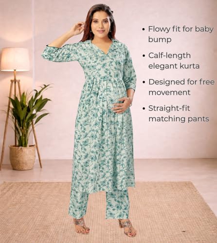 Image of Momenta Women's Pure Cotton Maternity Kurta Set | Feeding Kurti with Concealed Zippers | Maternity Dress for Pre & Post Pregnancy