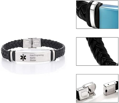 Miniatura 2 de N+A Pulseras de piel de alerta médica vacunada contra la COVID-19, para hombres y mujeres, de acero inoxidable, con etiqueta de identificación de