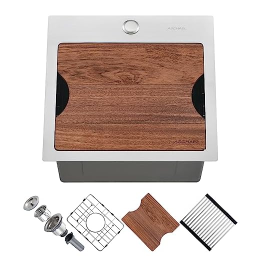 Aschael Drop in Bar Sink Workstation - 15x15x10 Inch Top Mount Kitchen Sink 16 Gauge Stainless Steel RV Sink Single Bowl Small Sink with Cutting Board