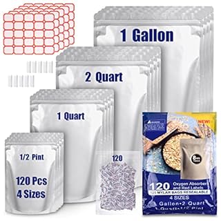 120 Mylar Bags for Food Storage with Oxygen Absorbers 300cc, 8 Mil, 1Gallon Stand-Up Zipper Resealable & Heat Sealable Bags + Labels