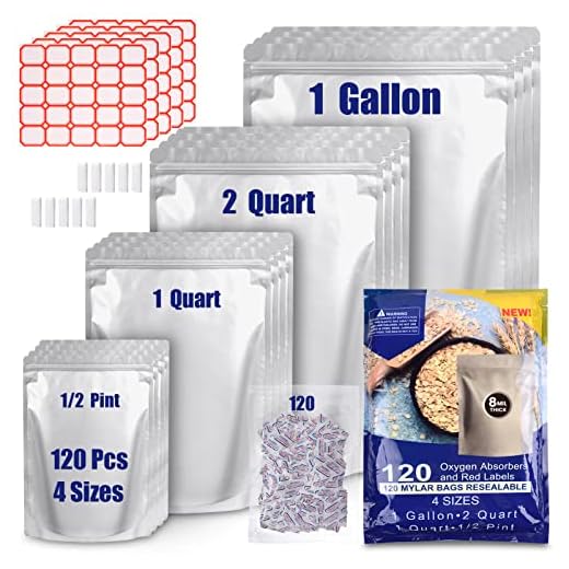 120 Mylar Bags for Food Storage with Oxygen Absorbers 300cc, 8 Mil 1Gallon 10"x14", 7.5"x11.5", 6"x9", 4.3"x6.3" Stand-Up Zipper Resealable Bags & Heat Sealable Food Storage Bags + Labels