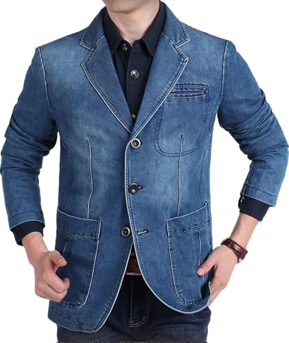 SOMTHRON Men's Classic Notched Collar 3 Button Denim Jacket Single Breasted Distressed Business Blazer Sport Coat2
