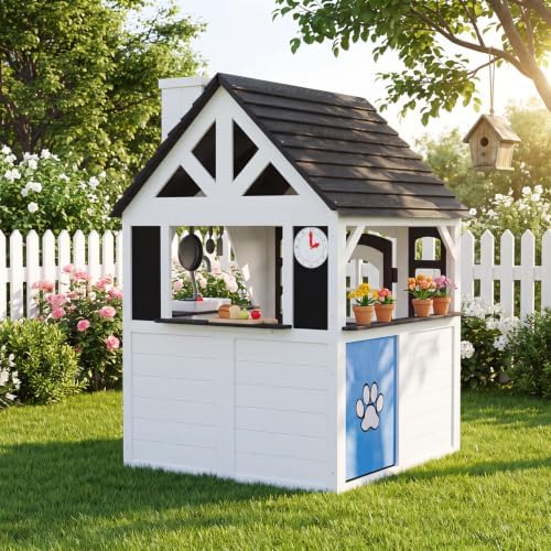 Solid Wood Outdoor Kids Playhouse with Pretend Kitchen, Chalkboard & Side Pet Kennel for Backyard, White