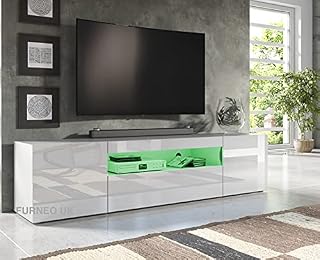 Furneo 200cm Long TV Stand Unit Cabinet Matt & High Gloss White Clifton08 RGB (multicoloured) LED Lights