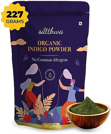 Satthwa Organic Indigo Powder | 227gm | 100% Pure and Natural (Indigofera Tinctoria) | For Deep, Rich, Black Hair Colour and Covering Greys
