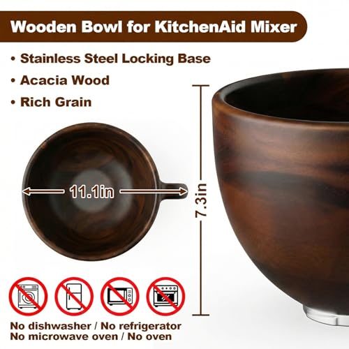 Image of Cofun Premium Wood Mixing Bowl, Compatible with 4.5-5 Qt Tilt-Head Stand Mixers, Natural True Wooden Bowls, 5 Qt Wooden Bowl for KitchenAid with Stainless Steel Locking Base, Handle