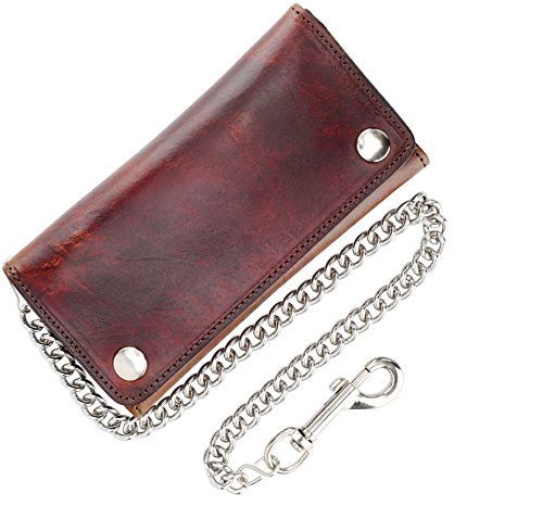Men's Tri-fold Vintage Long Style Cow Top Grain Leather Steel Chain Wallet,Made In USA,Snap closure,ab339,Antique-brown4