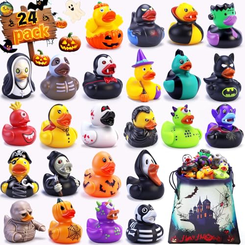 24 Pcs Halloween Rubber Ducks in Bulk Ducking for Jeeps Baby Bath Toys Halloween Goodie Bags Fillers Stuffers Party Favors Supplies Birthday Gifts Classroom Game Prizes for Kids