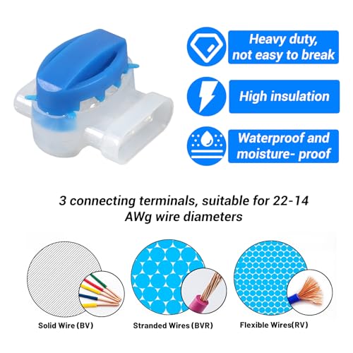 Image of 10Pcs 3-Way Boundary Pigtail Wire Connectors, Electrical IDC 314-Box Waterproof Self-Stripping Splice for 22-14AWG Cable, Outdoor Use for Robotic Lawn Mowers & Irrigation Systems