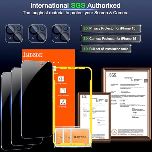 Image of IMBZBK 3 Pack Privacy Screen Protector for iPhone 15 Tempered Glass with 3 Camera Lens Protector, Accessories 9H Anti Spy, 2.5D Curved, Case Friendly, Transparent