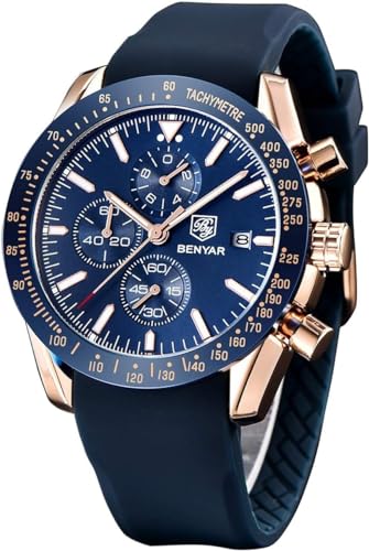 Image of BENYAR Luxury Business Casual Party-Wear Silicone Chronograph Date Display Watch for Men (Blue-Gold)